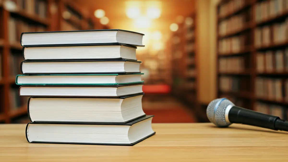 Imagen genérica de libros y un micrófono en un ambiente de biblioteca, simbolizando eventos literarios.
