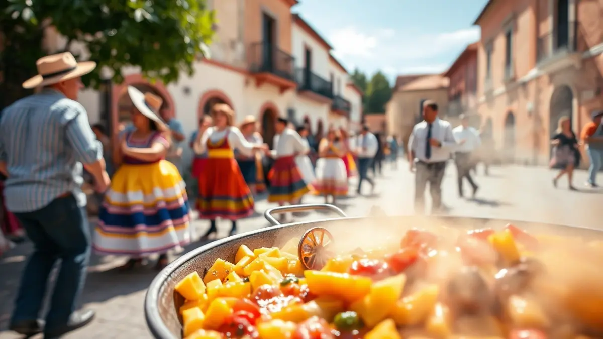 Image of a giant paella and people dancing chotis in a square, representing the Senior Citizens' Week.