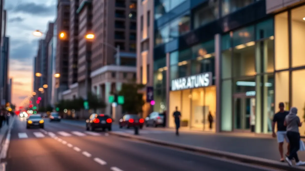 Generic image of a modern urban street at dusk, with blurred lights and buildings.