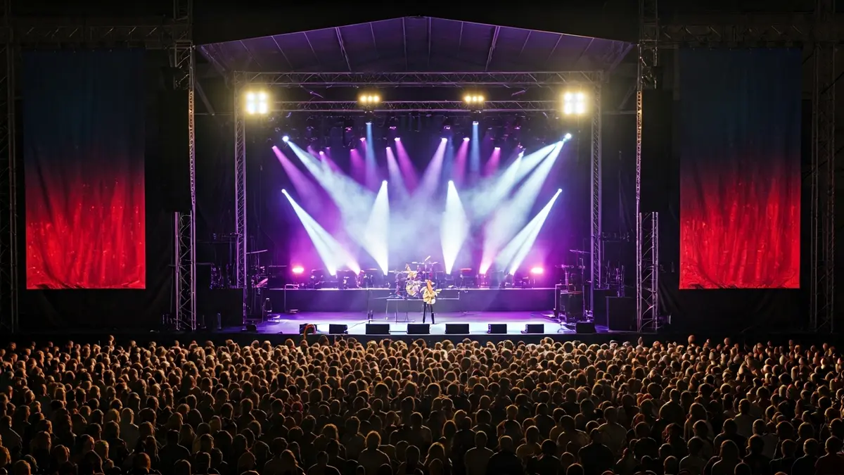 Imagen genérica de un concierto con luces brillantes y una multitud difusa.