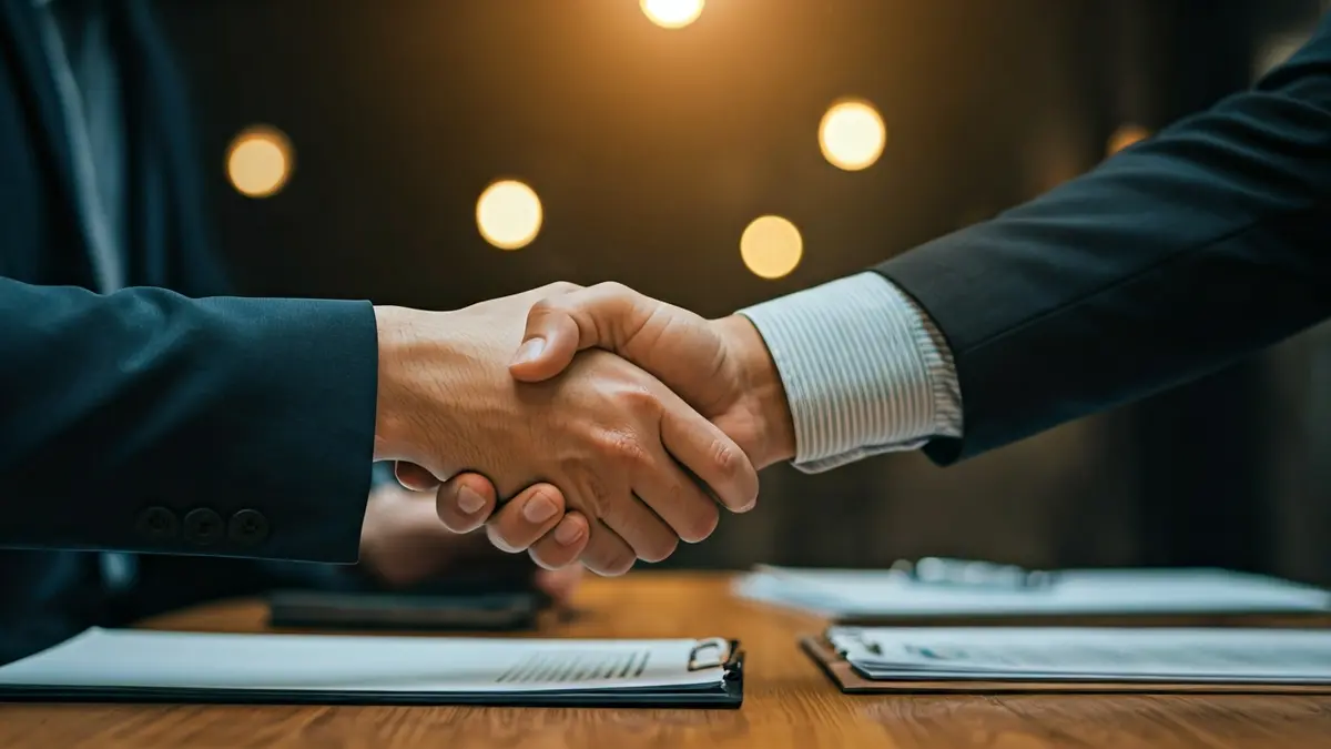 Generic image of two hands shaking over a desk, symbolizing an employment agreement.