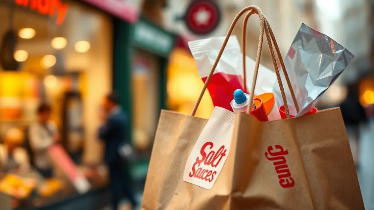 Generic image of a shopping bag with discounted items, in an urban setting.