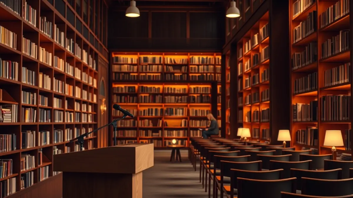 Imagen genérica de un interior de biblioteca con estanterías de madera y un podio con micrófono.