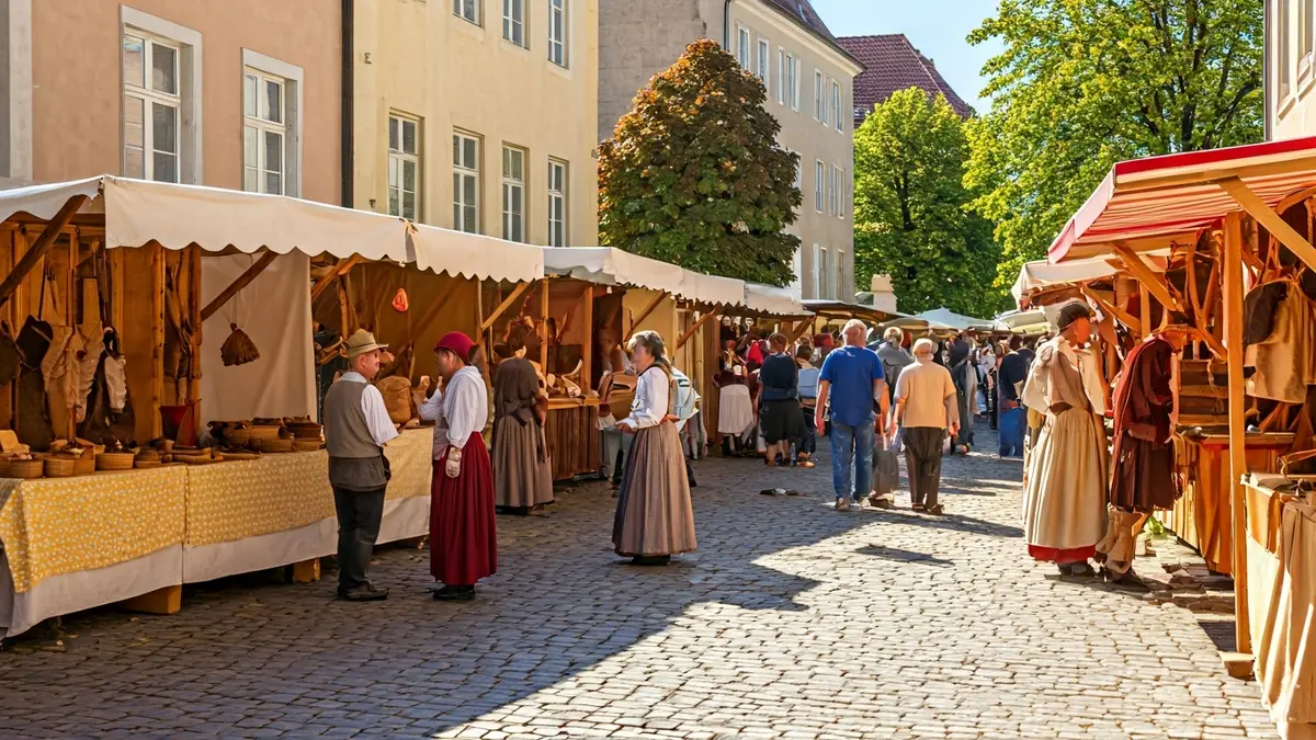 Imagen genérica de un mercado histórico con puestos de artesanía y gente paseando.