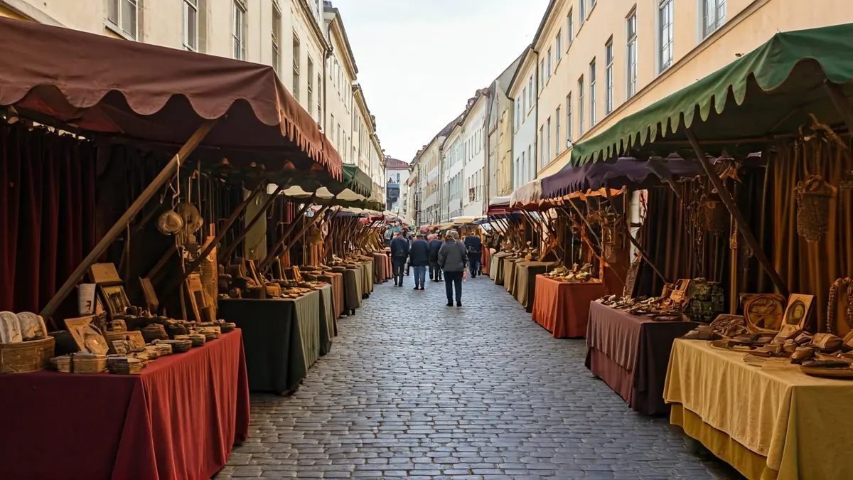 Generic image of a period market with decorations and artisan stalls.