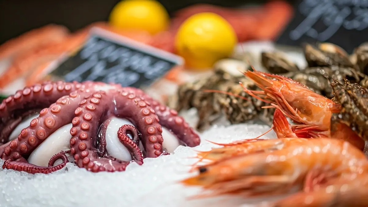 Generic image of fresh seafood at a market stall.