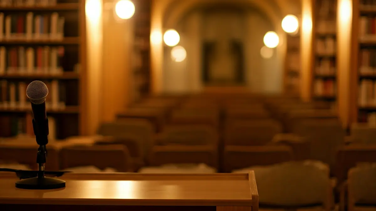 Generic image of a library with a podium and empty chairs, warmly lit.