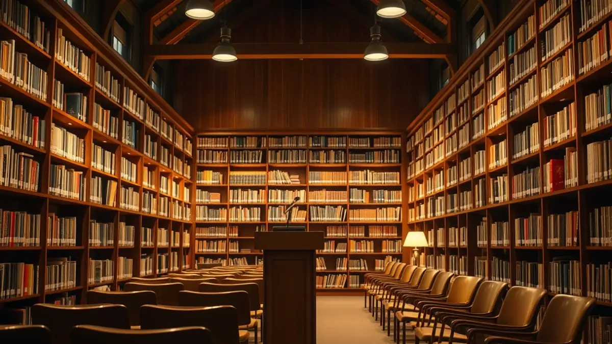 Imagen genérica de una biblioteca con estanterías de madera y un podio con micrófono, iluminada con luz cálida.