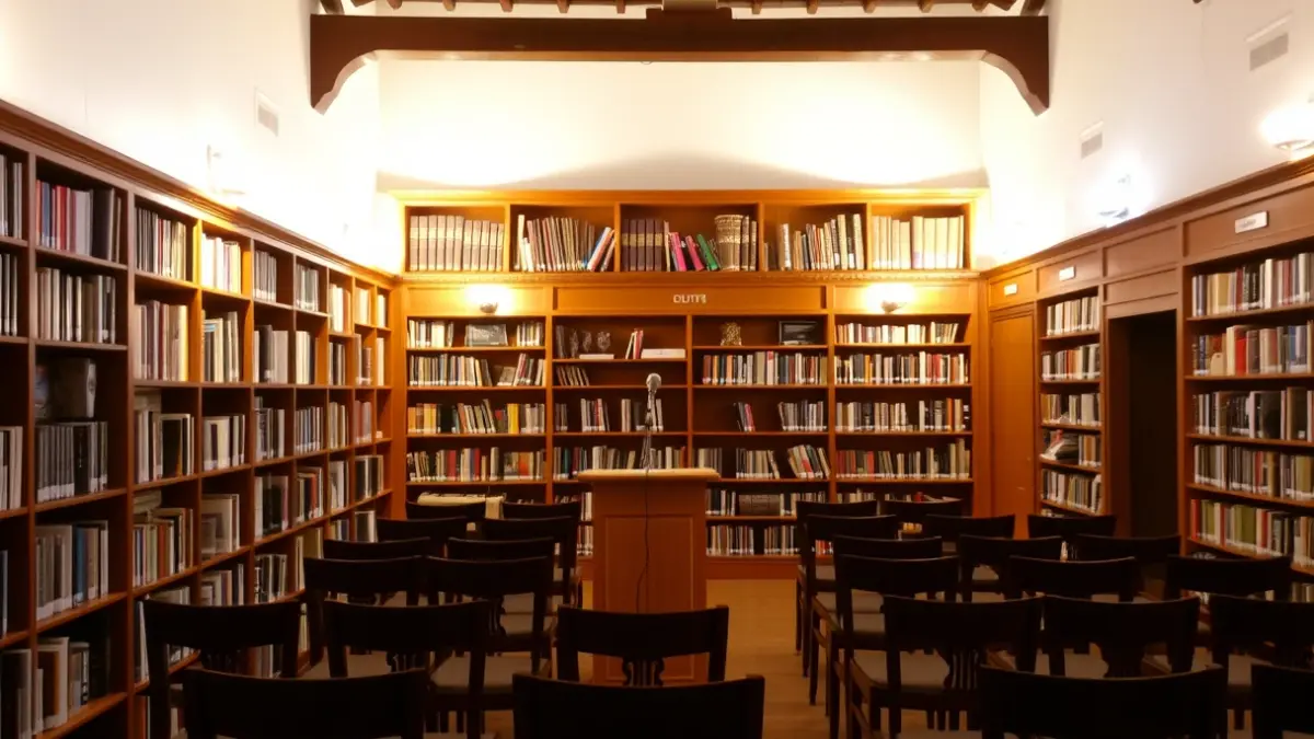 Generic image of a library with wooden bookshelves and a podium with a microphone.