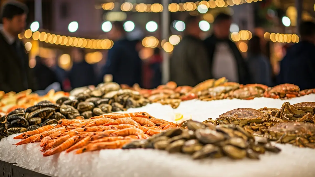 Fresh seafood stall at an outdoor fair.