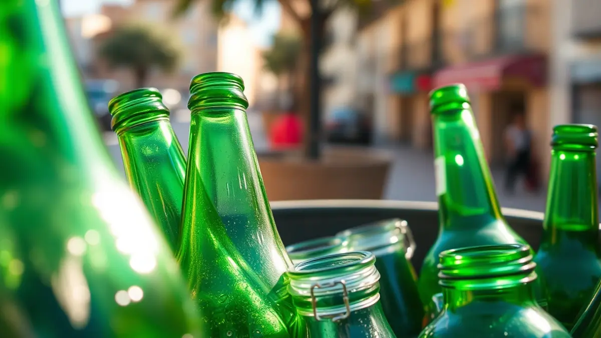 Generic image of glass containers in a recycling bin.