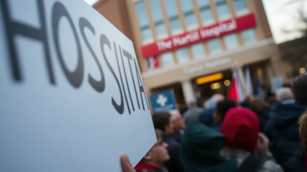 Imagen de una protesta frente a un hospital, con pancartas y personas manifestándose.