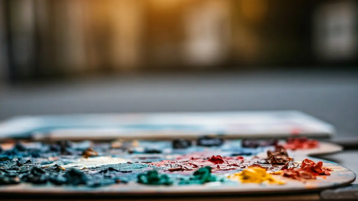 Imagen genérica de una paleta de pintor con óleos y pinceles, con un lienzo difuminado al fondo.