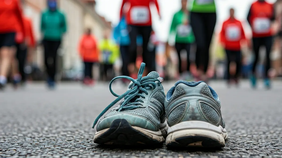 Imagen genérica de unas zapatillas de correr en una carretera, con un fondo borroso de una plaza de pueblo.