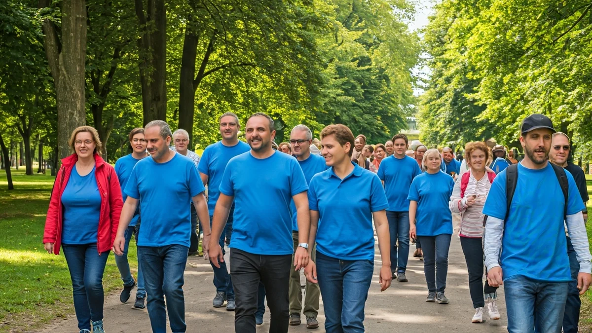 Generic image of a community walk in a park, with people of various ages participating.