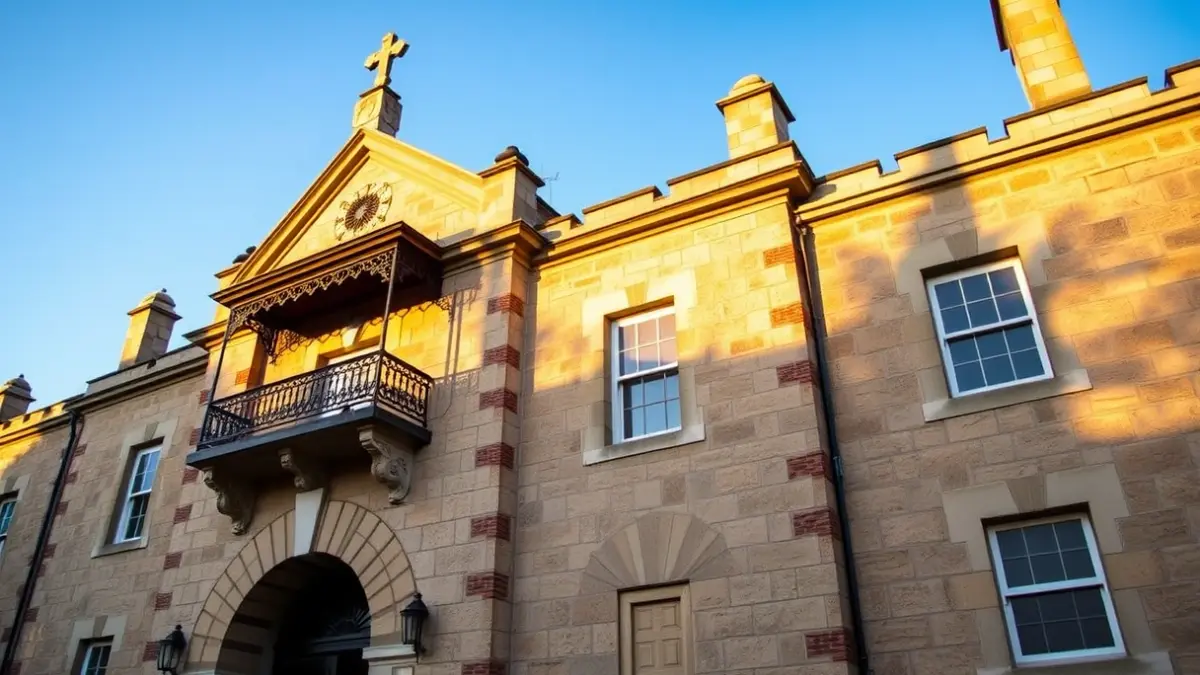 Fachada de un ayuntamiento de piedra con balcón ornamentado y barandillas de hierro, bajo la luz del sol de la tarde.