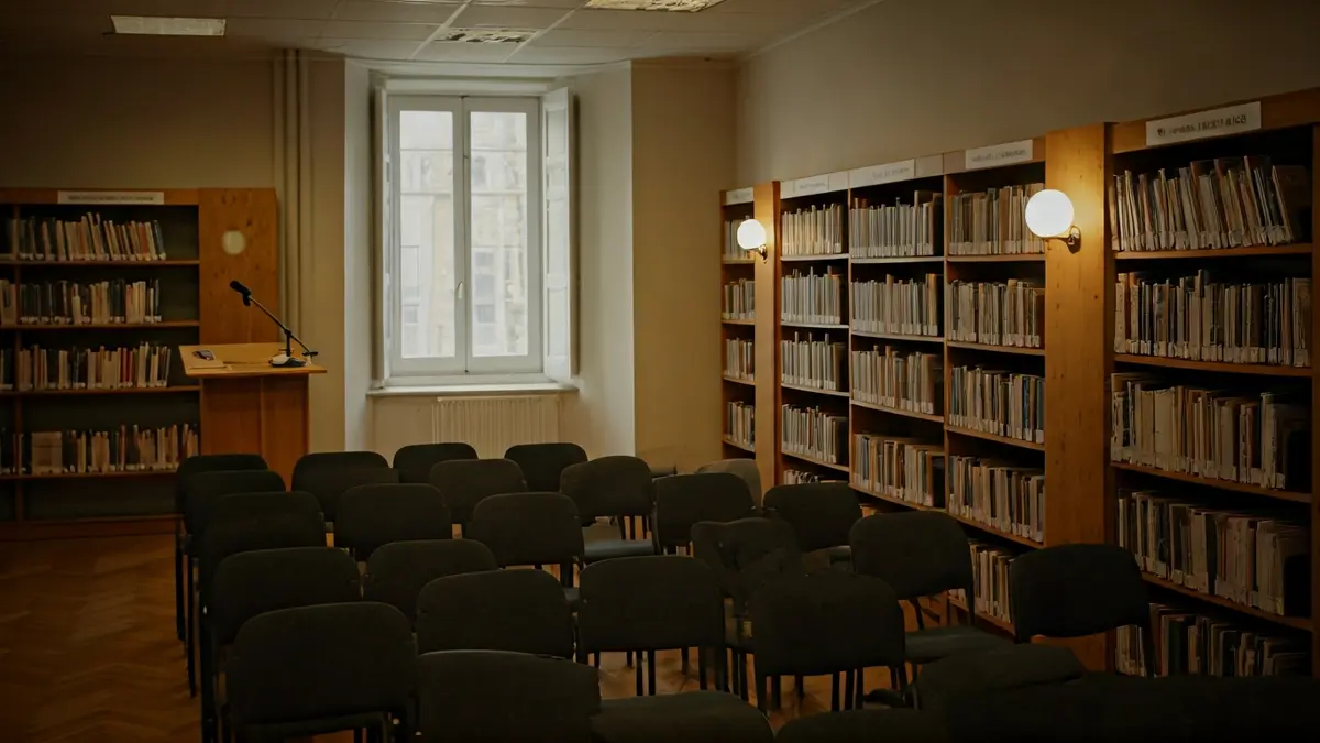 Imagen genérica de un aula o biblioteca con un podio y sillas, simbolizando un espacio de aprendizaje.