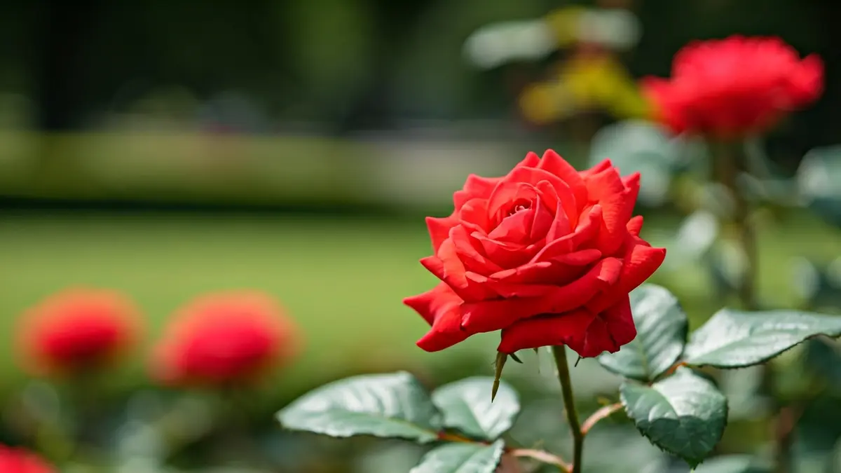 Imagen de una rosa Knock Out en flor en un parque.