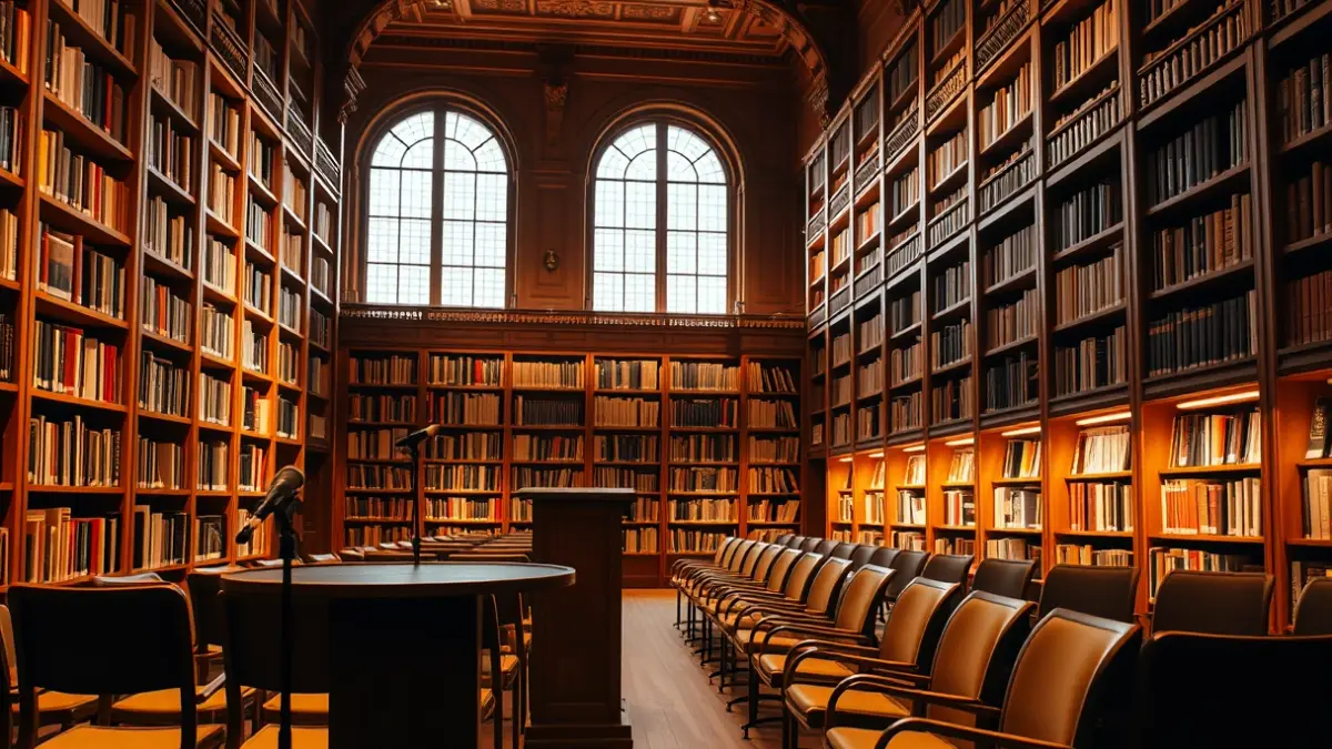 Imagen genérica de un salón de actos o biblioteca preparado para una lectura pública.