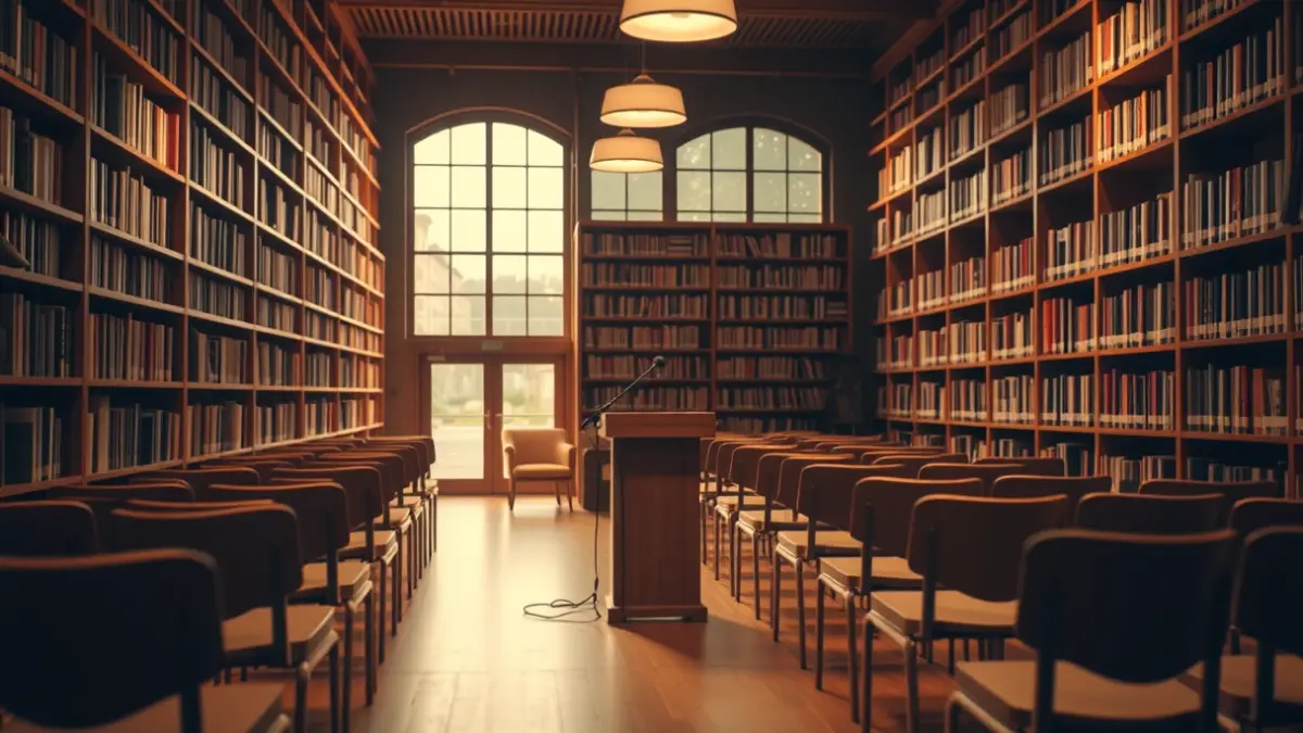 Generic image of a library with wooden bookshelves and a podium with a microphone.