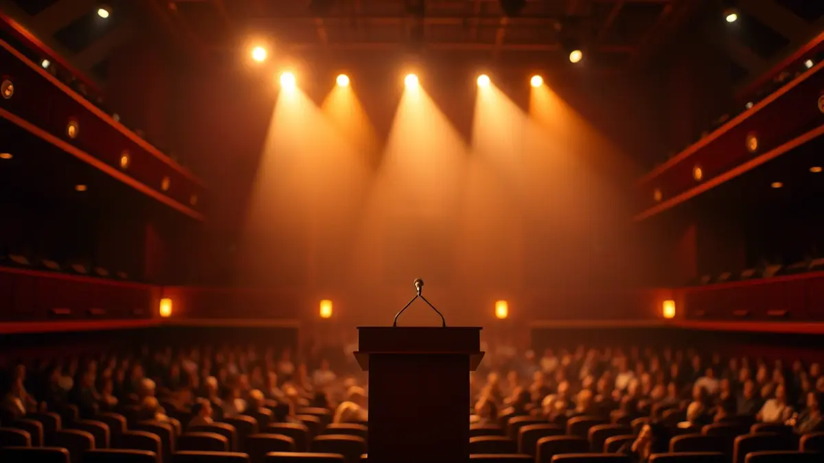 Imagen genérica de un escenario de teatro con un micrófono y asientos de audiencia borrosos.