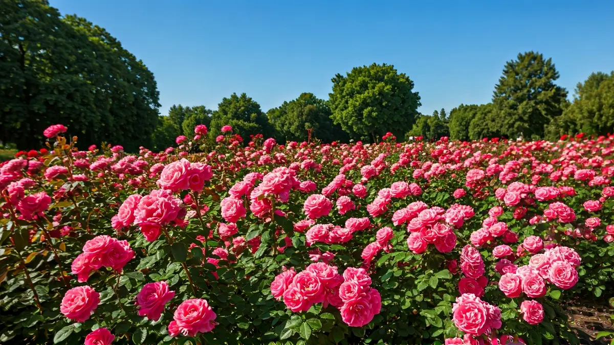 Image of a rose garden with blooming rose bushes in an urban park.