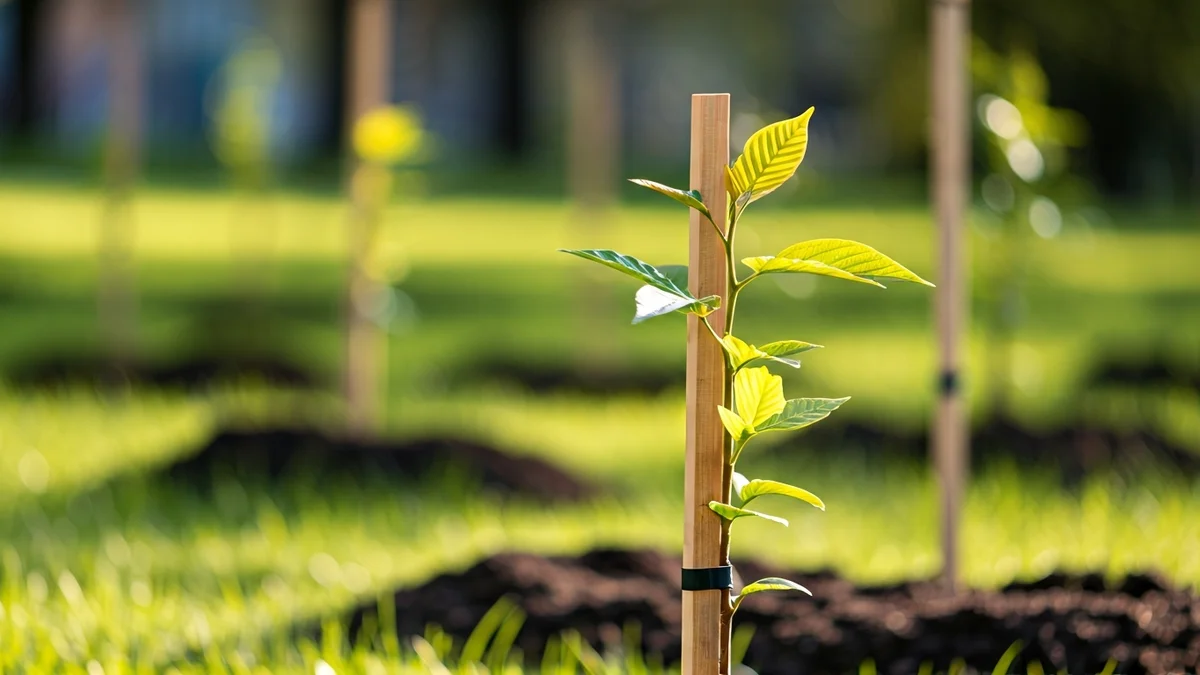 Generic image of a newly planted young tree in an urban park.