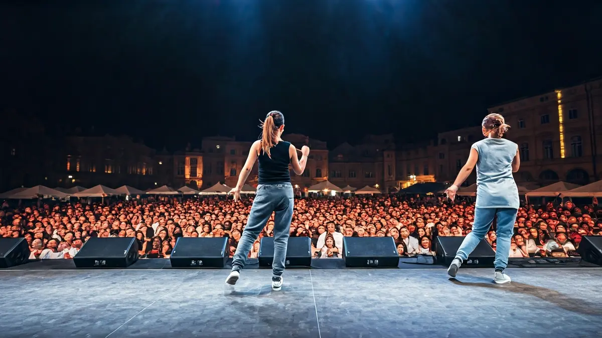 Imagen genérica de un evento de danza urbana con bailarines en movimiento y luces de escenario.
