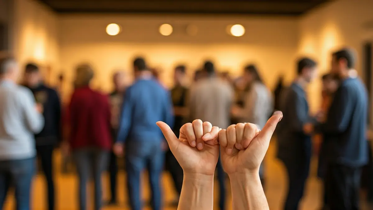 Generic image of hands making a sign language gesture, with people interacting in the background.