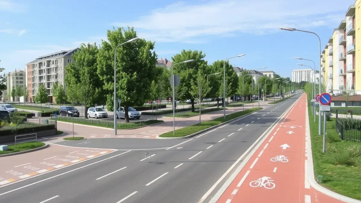 Imagen de una calle renovada con carril bici y zonas verdes en un entorno urbano moderno.