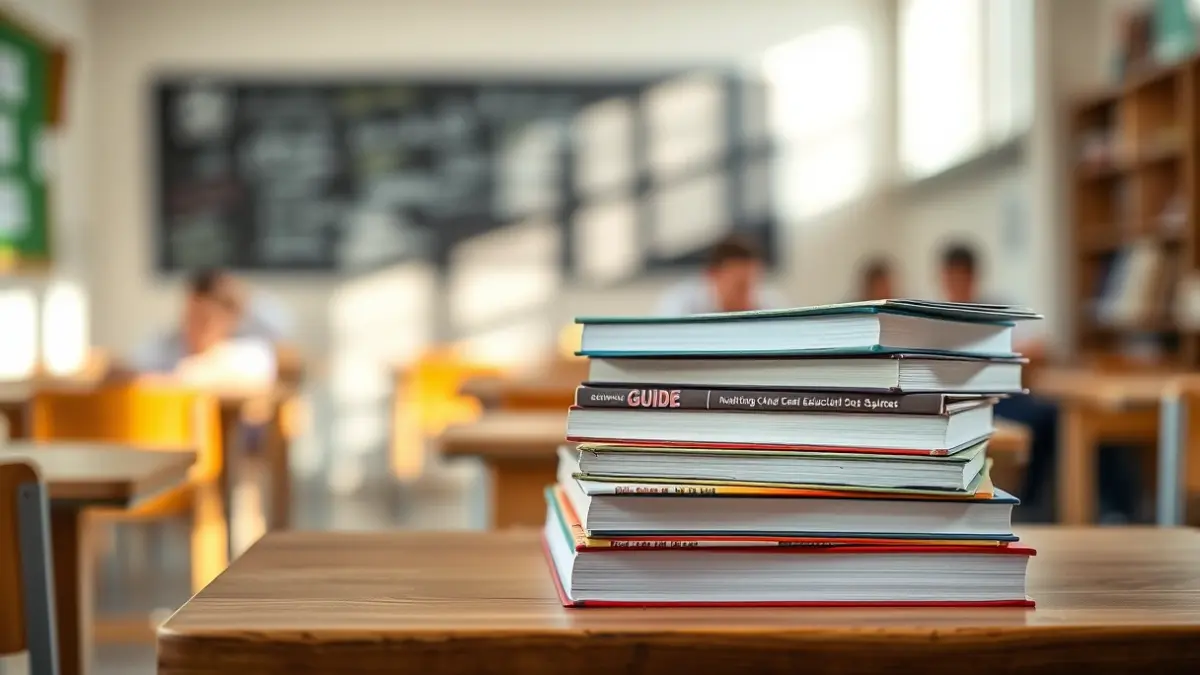 Imagen genérica de guías educativas apiladas en un escritorio escolar.