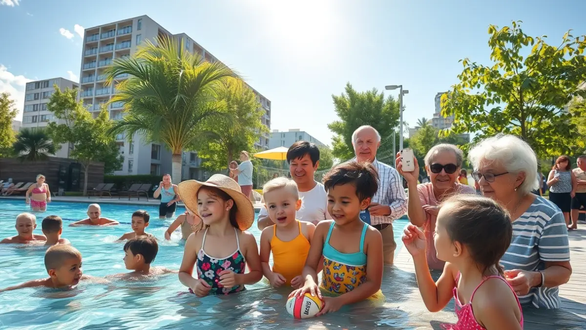 Imagen de diversas actividades de verano para todas las edades en un entorno urbano.