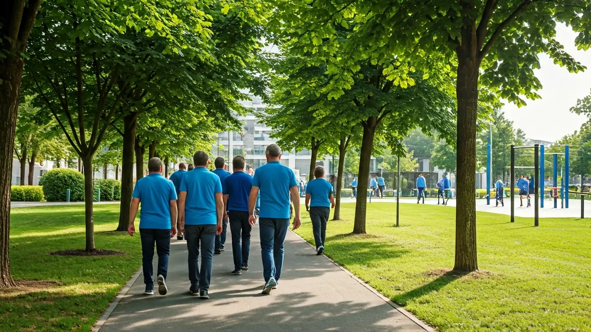 Image of people participating in a walk and sports activities in a park and square.