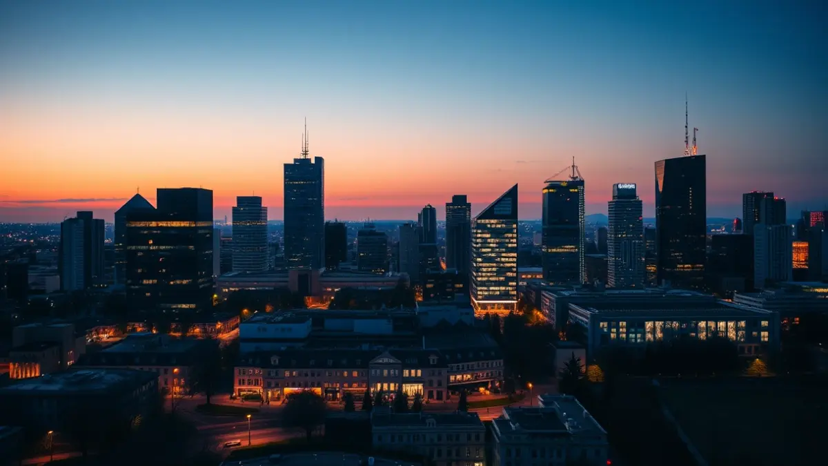 Imagen de un paisaje urbano moderno al atardecer, con edificios de oficinas iluminados y un parque tecnológico, simbolizando la innovación y el desarrollo urbano.