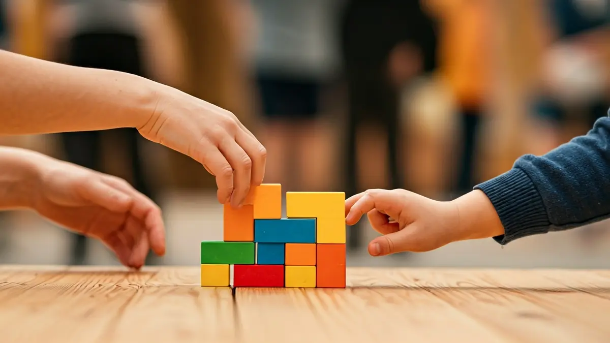 Imagen genérica de manos de adulto y niño interactuando con bloques de construcción, simbolizando apoyo y desarrollo.
