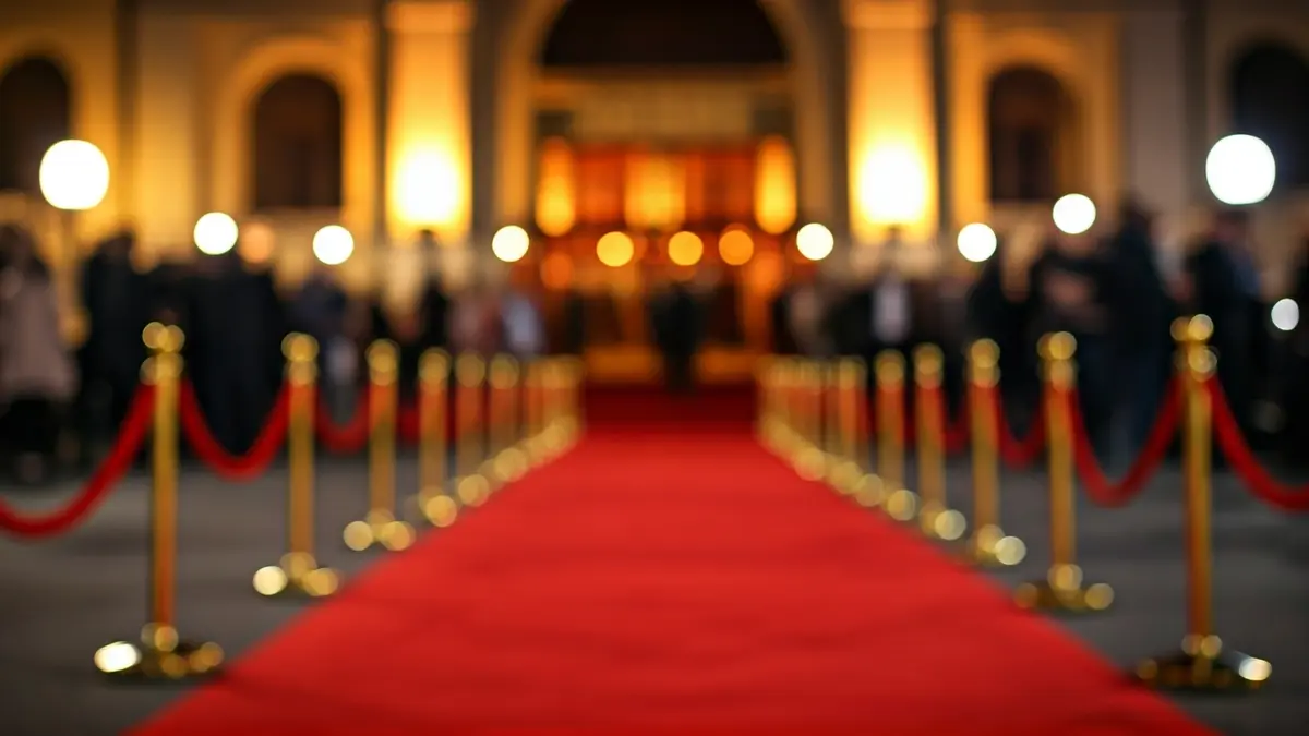 Generic image of a red carpet at a theater entrance, with warm lights and blurred figures.