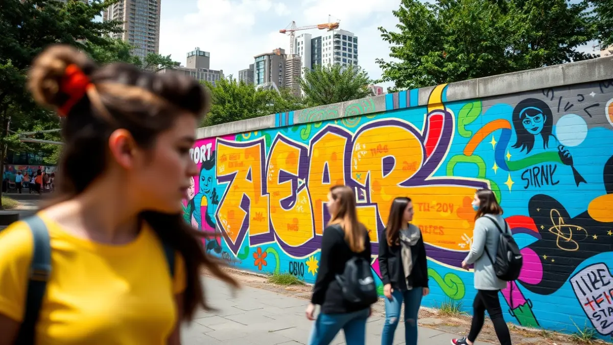 Imagen de un mural de arte urbano en un parque, con jóvenes difuminados en primer plano.