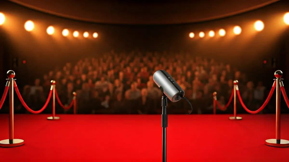 Imagen de una alfombra roja en un teatro, con focos y un micrófono en el escenario, evocando una gala de cine.