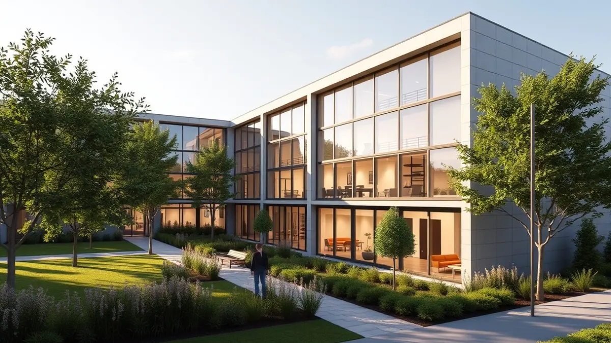 Imagen de una residencia de mayores moderna con zonas verdes.