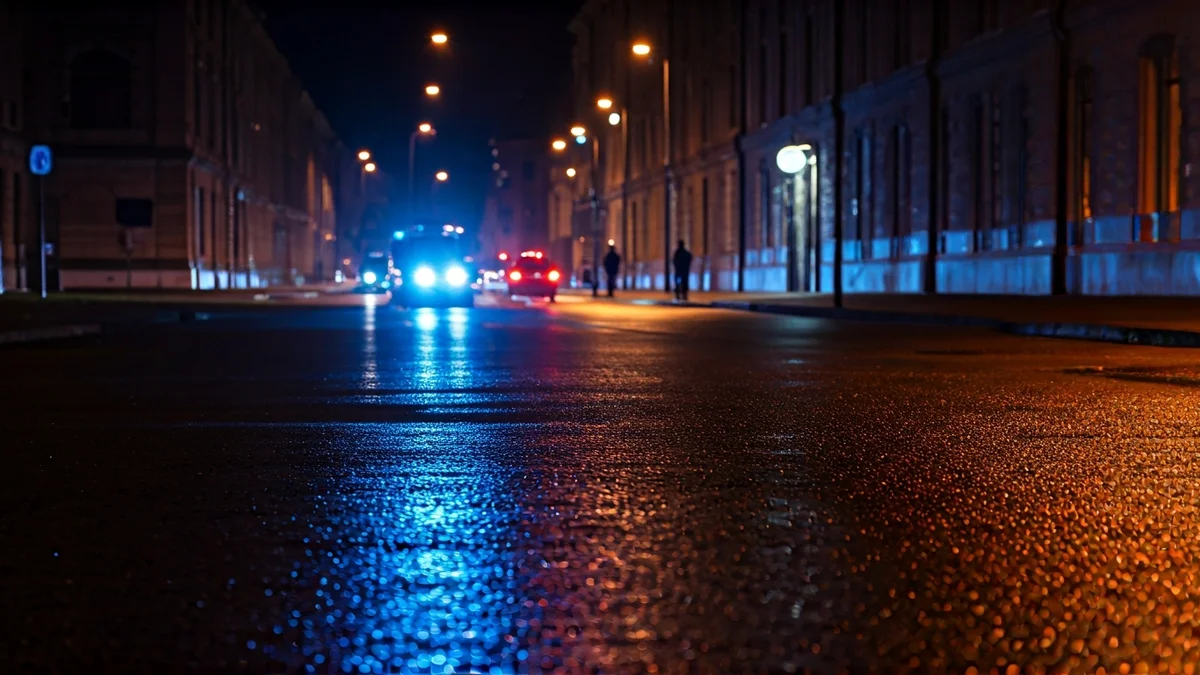 Generic image of emergency lights reflected on wet asphalt.