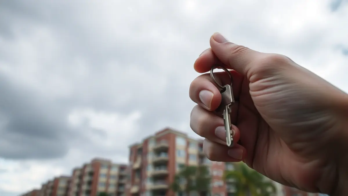 Imagen genérica de una mano sosteniendo una llave de casa con edificios de apartamentos borrosos al fondo.