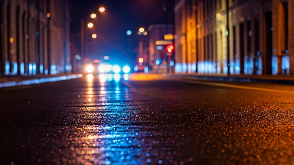 Imagen genérica de luces de emergencia reflejadas en el asfalto mojado.