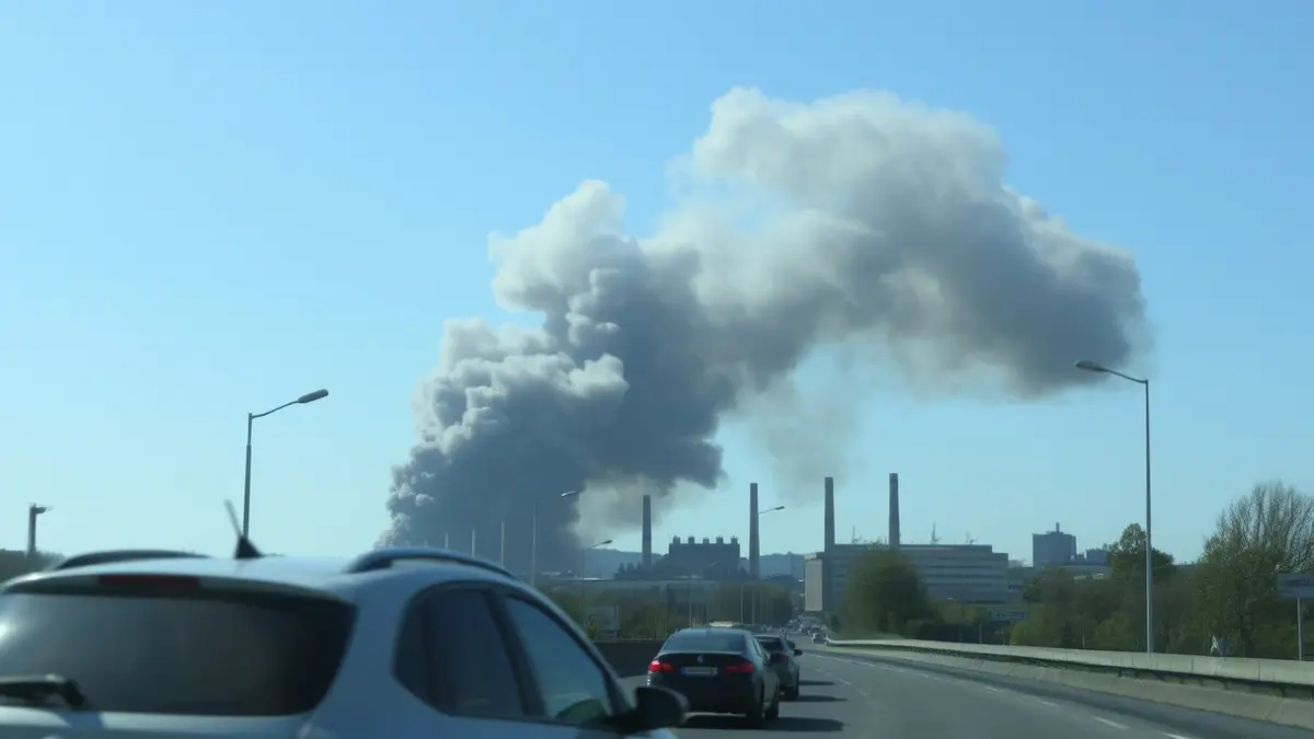 Imagen genérica de una gran columna de humo elevándose sobre edificios industriales, vista desde una autovía.