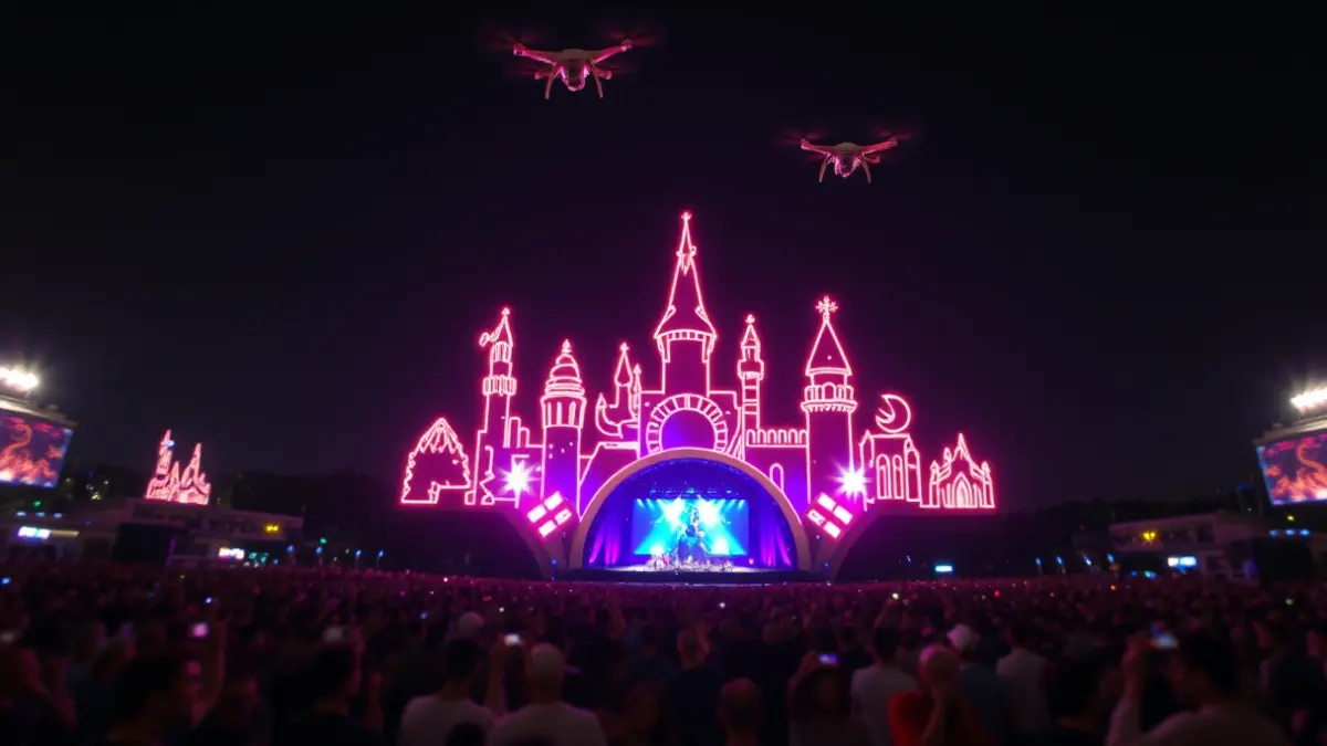 Espectáculo de drones en el cielo nocturno con formas mágicas.