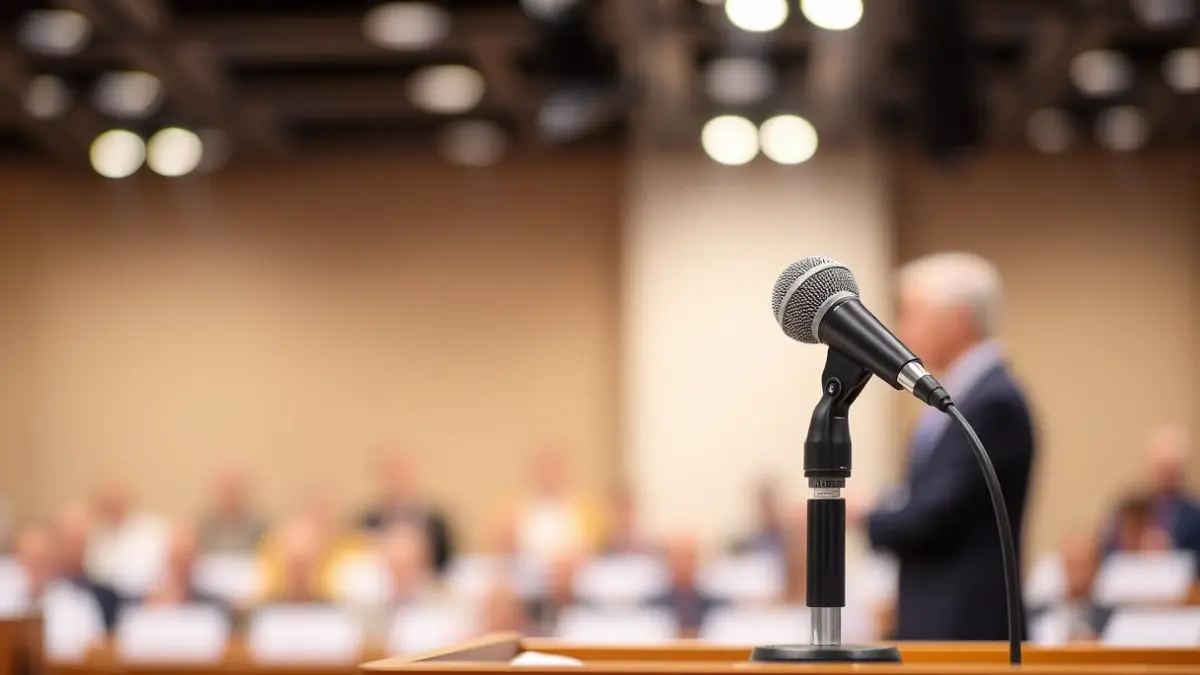 Generic image of a microphone on a podium, symbolizing a political announcement or debate.