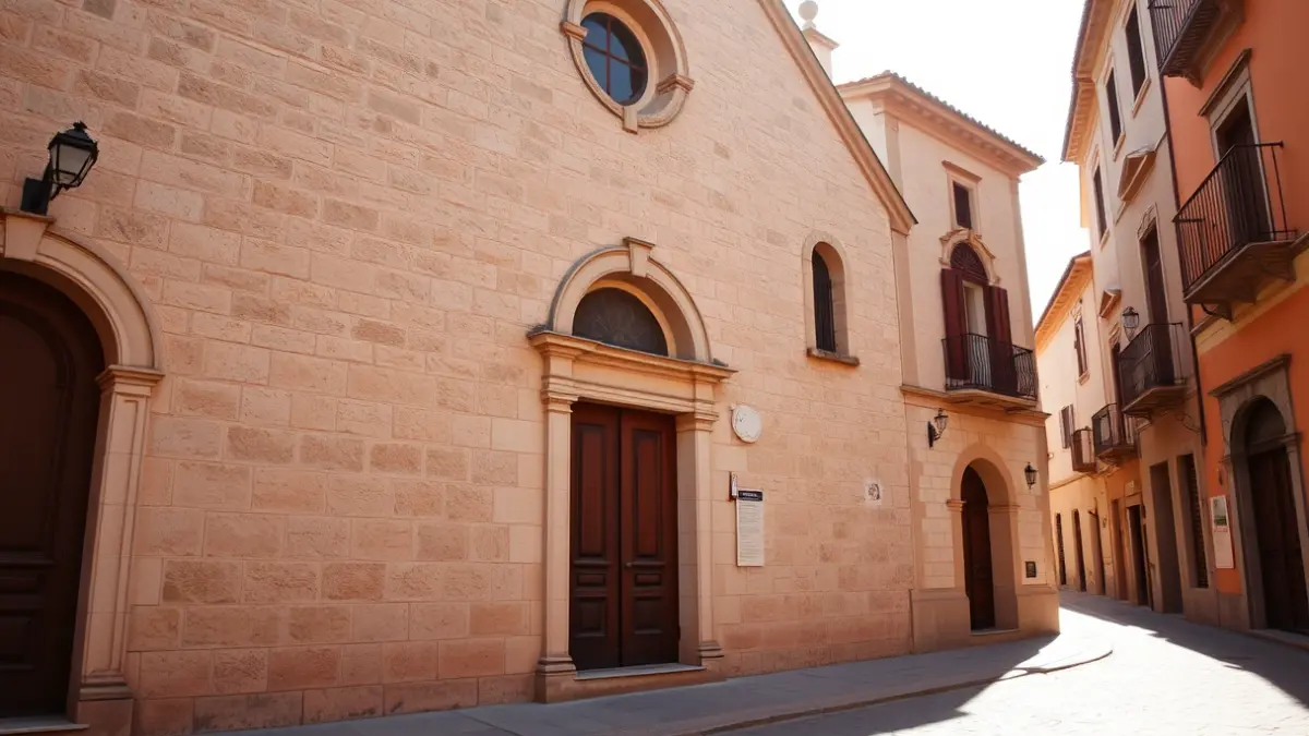 Facade of a religious building on a historic street in Alcalá de Henares.