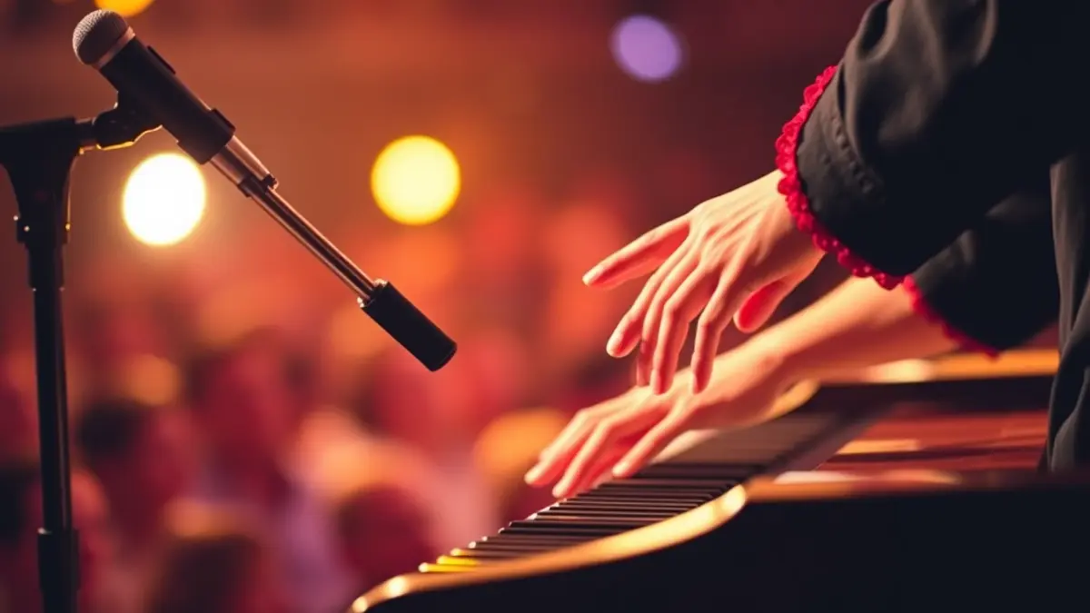 Image of a flamenco artist playing the piano on a stage.