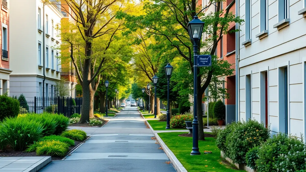 Imagen de una calle urbana renovada con aceras amplias y zonas verdes.