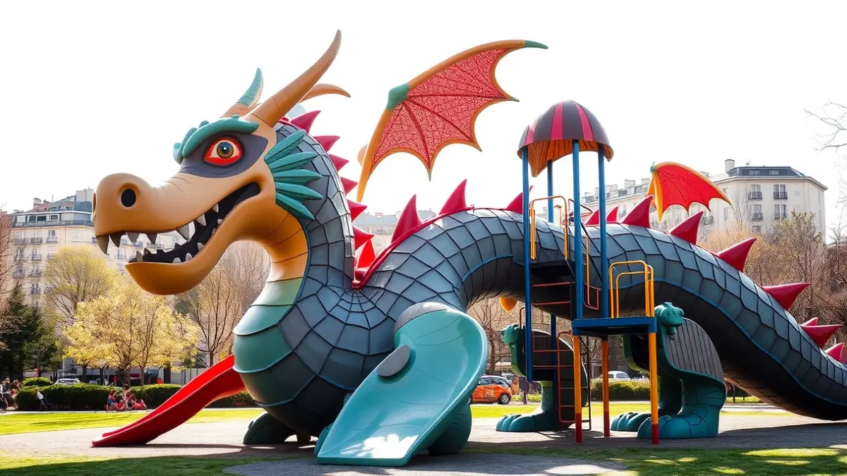 Imagen de un parque infantil con forma de dragón en un entorno urbano.