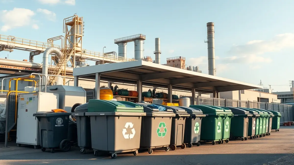 Imagen genérica de una planta de gestión de residuos con contenedores de reciclaje.